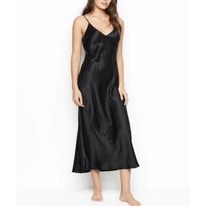 Victoria’s Secret Black Satin Slip Dress Open Back Tie Straps romantic Midi L